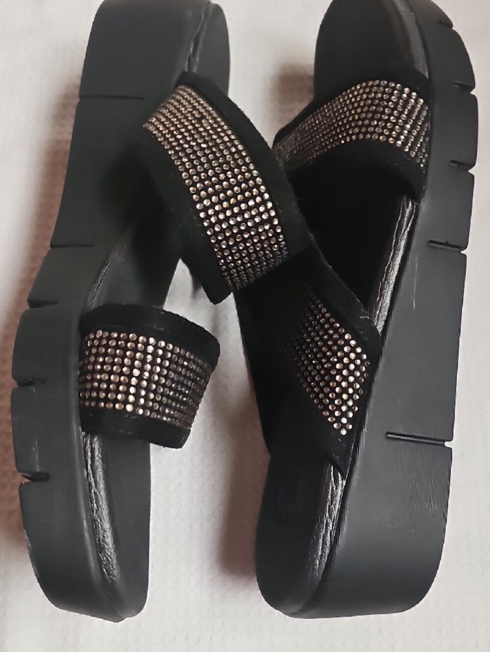 Yellow Box Black Slide Sandals with Metallic Stud Straps - Picture 4 of 5